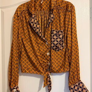 Free People Mustard and Navy Patterned Button Down Shirt